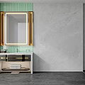 Elegant Hotel Bathroom Design With Gold Framed Mirror Green Vertical Striped Wall Gray Textured Vanity