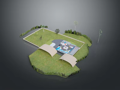 Natural Scenic Landscape With Lush Green Grass Small Structures And Surrounding Trees 3d model