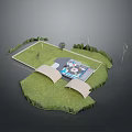 Natural Scenic Landscape With Lush Green Grass Small Structures And Surrounding Trees