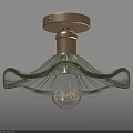 Stylish Ceiling Light with Golden Base and Green Wave Shaped Lampshade Featuring Spiral Bulb