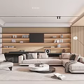 Modern Living Room Interior Design With L-shaped Sofa Wooden Shelves Accent Chair And Floor Lamp