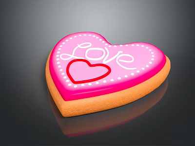 Heart Shaped Cookie With Pink Icing Love Lettering And Red Heart Design 3d model