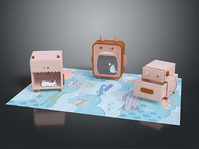 Pink Cartoon Animal Shaped Nightstands on Blue Mat with Ocean Themed Patterns 3d model