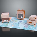 Pink Cartoon Animal Shaped Nightstands on Blue Mat with Ocean Themed Patterns