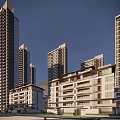 Modern High Rise Residential Buildings With Low Rise Structures And Green Spaces