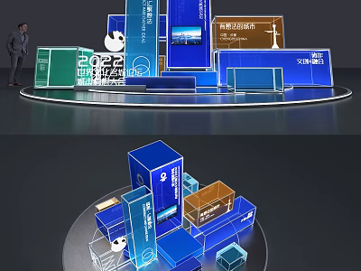Modern Exhibition Display With Colorful Cubes Information Panels And Business Elements 3d model