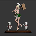 Game Movie Character in White Chef Hat Green Outfit Holding Wooden Hammer With Small Figures on Wooden Base