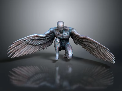 Winged Humanoid Sculpture In Metallic Finish Squatting With Spread Wings On Reflective Gray Surface 3d model