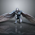 Winged Humanoid Sculpture In Metallic Finish Squatting With Spread Wings On Reflective Gray Surface