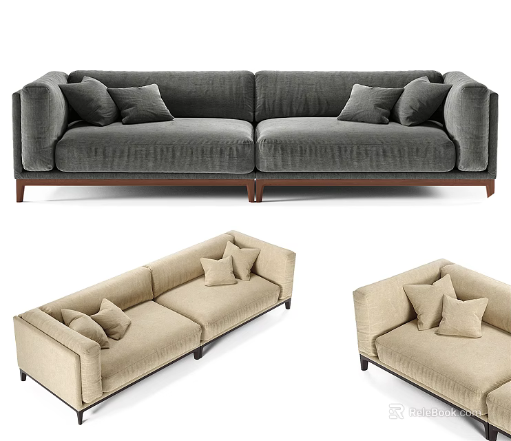 Dark Gray and Beige Two-Seater Sofas with Decorative Pillows and Wooden Legs 3d model 