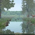 Scenic Natural Landscape With Tall Trees Deer And Ducks By Stream In Meadow With Reflections