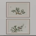 Elegant Framed Botanical Paintings with Green Leaves and Red Fruits for Wall Decoration