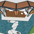Modern Outdoor Pavilion With Wooden Slatted Roof Black Metal Frame Wooden Deck And White Seats