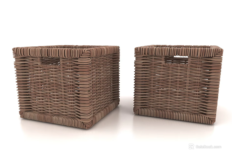 Brown Woven Square Storage Baskets With Handles For Home Organizing 3d model 