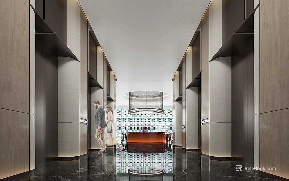Luxury Modern Elevator Lobby Interior With Metallic Doors Marble Floor And Reception Desk 3d model 