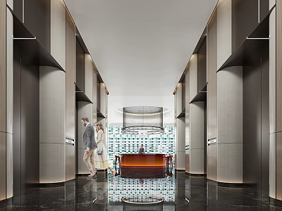 Luxury Modern Elevator Lobby Interior With Metallic Doors Marble Floor And Reception Desk 3d model