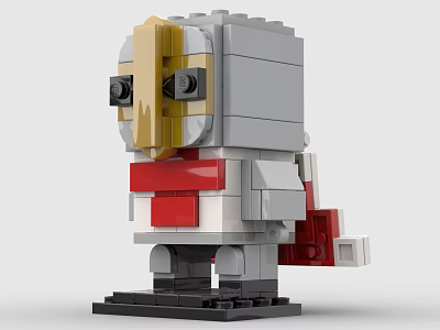 Brick Figure With Gold Gray Head Black Eyes Red White Body Red Cape And Base 3d model