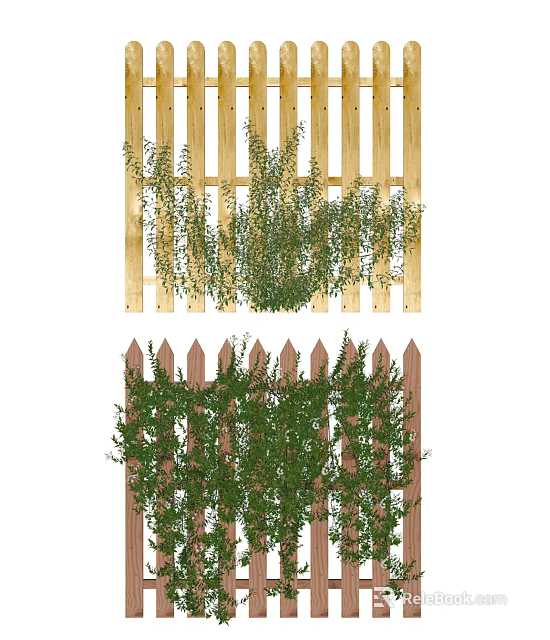Wooden Picket Fence With Green Vines For Outdoor Garden Decoration 3d model 