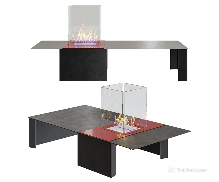 Modern Coffee Table with Transparent Glass Fire Feature Black Frame and Red Tabletop Accent 3d model 