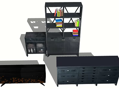 Black Decorative Cabinet with Open Shelves Colorful Books Drawers and Storage 3d model