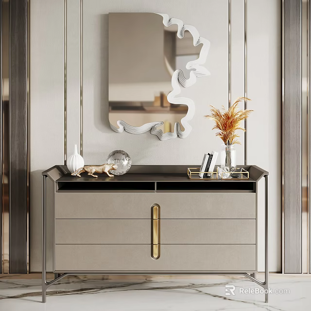 Modern Entryway Console Side Cabinet With Decorative Mirror Vase And Golden Handles 3d model 