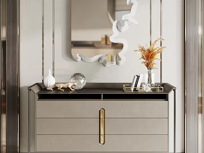 Modern Entryway Console Side Cabinet With Decorative Mirror Vase And Golden Handles 3d model