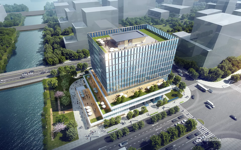 Modern Office Building With Glass Curtain Walls And Riverside Green Roof Design 3d model 