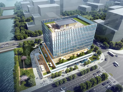 Modern Office Building With Glass Curtain Walls And Riverside Green Roof Design 3d model