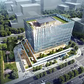 Modern Office Building With Glass Curtain Walls And Riverside Green Roof Design