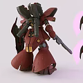 Detailed Red Mecha Figure In Action Pose With Weapon Shield And Pink Components