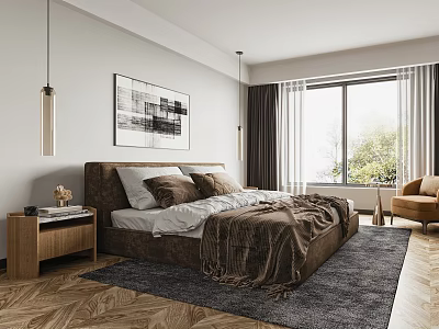 Modern Bedroom Interior Design With Large Bed Wooden Nightstand Black And White Painting Dark Curtains 3d model