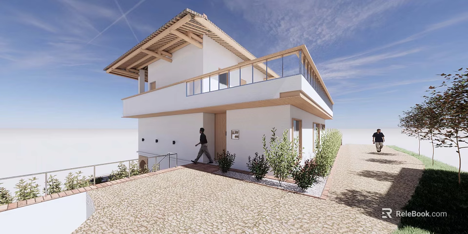 Modern Detached Villa With White Exterior Balcony Railing Paved Driveway And Green Plants 3d model 