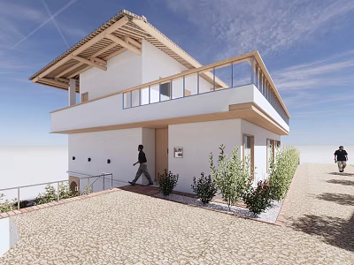 Modern Detached Villa With White Exterior Balcony Railing Paved Driveway And Green Plants 3d model