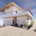 Modern Detached Villa With White Exterior Balcony Railing Paved Driveway And Green Plants