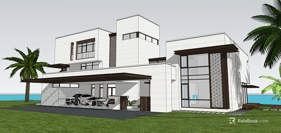 Modern White Detached Villa With Large Glass Windows Lawn And Garage 3d model 