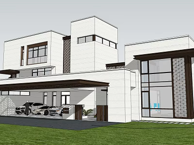 Modern White Detached Villa With Large Glass Windows Lawn And Garage 3d model