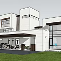 Modern White Detached Villa With Large Glass Windows Lawn And Garage