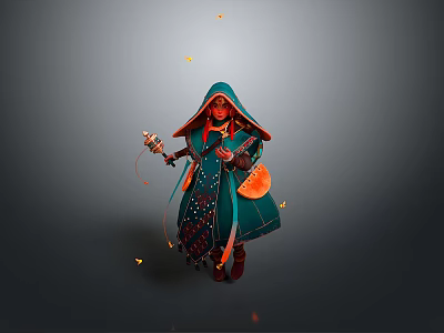 Traditional Woman In Green Hooded Robe Holding Lantern And Stringed Instrument With Falling Yellow Petals 3d model