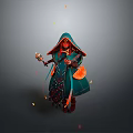 Traditional Woman In Green Hooded Robe Holding Lantern And Stringed Instrument With Falling Yellow Petals