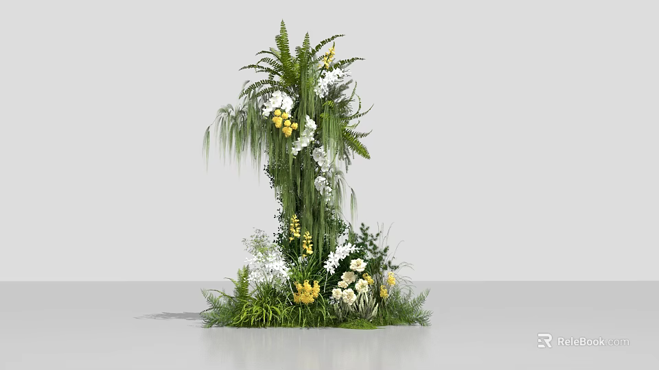 Three Dimensional Floral Display With Lush Green Plants White Blooms And Yellow Flowers 3d model 