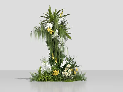Three Dimensional Floral Display With Lush Green Plants White Blooms And Yellow Flowers 3d model