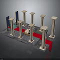 Classical Architectural Columns Display With Stone Pedestals And Red Decorative Strip On Platform