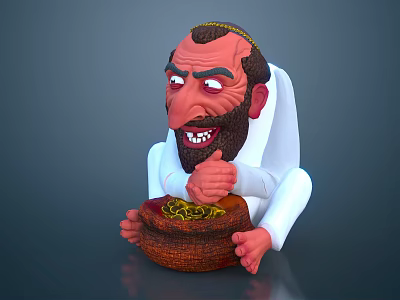 Sitting Cartoon Bearded Man in White Robe Holding Basket Full of Noodles on Simple Background 3d model