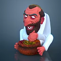 Sitting Cartoon Bearded Man in White Robe Holding Basket Full of Noodles on Simple Background