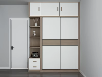 Modern Wardrobe with White and Wooden Panels Drawers Open Shelves Vase and Bag 3d model