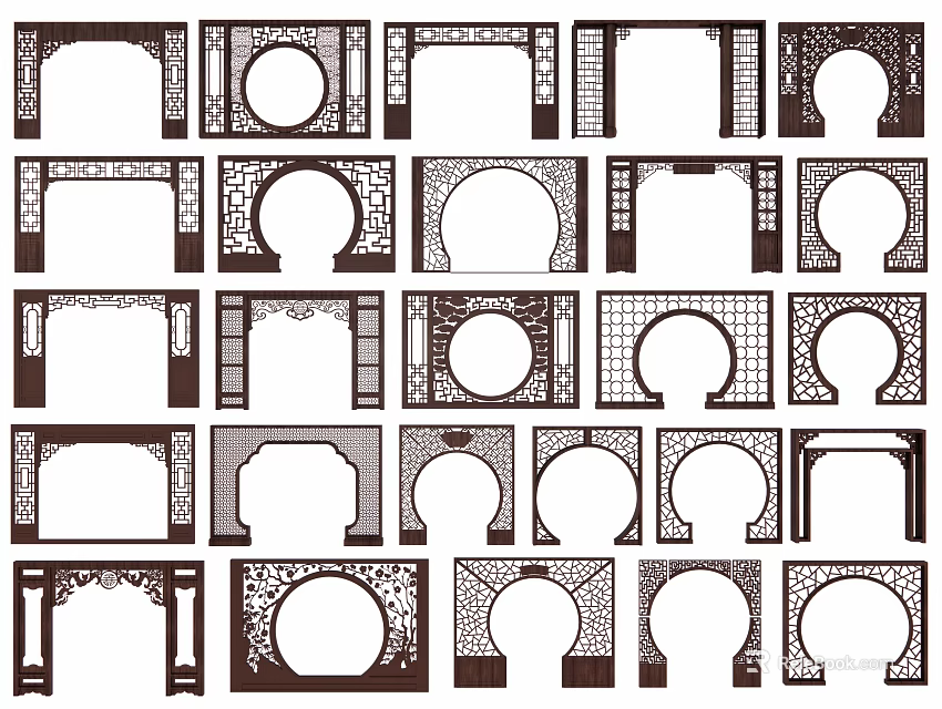 Various Traditional Scenic Wall Designs Featuring Openwork Patterns And Different Shapes 3d model 
