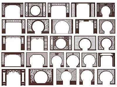 Various Traditional Scenic Wall Designs Featuring Openwork Patterns And Different Shapes 3d model