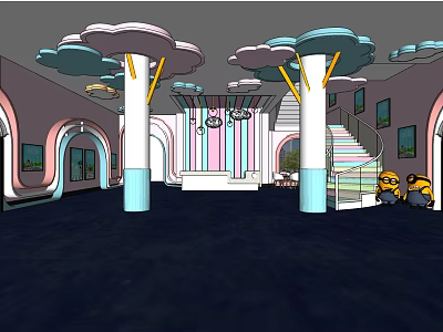 Kindergarten Interior With Cloud Shaped Decor Colorful Columns Pink White Walls Staircase And Minions 3d model