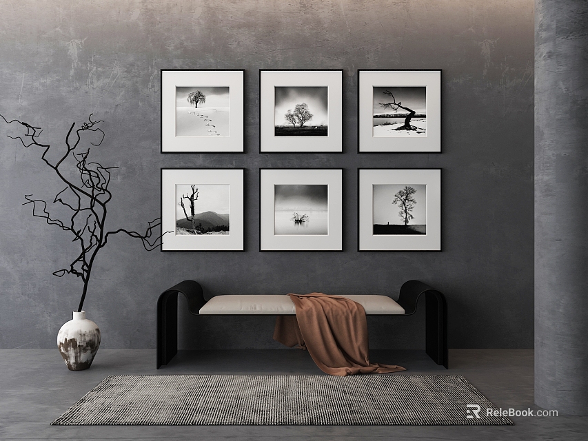 Black and White Photo Wall with Six Framed Photos Gray Wall Black Bench Brown Blanket 3d model 