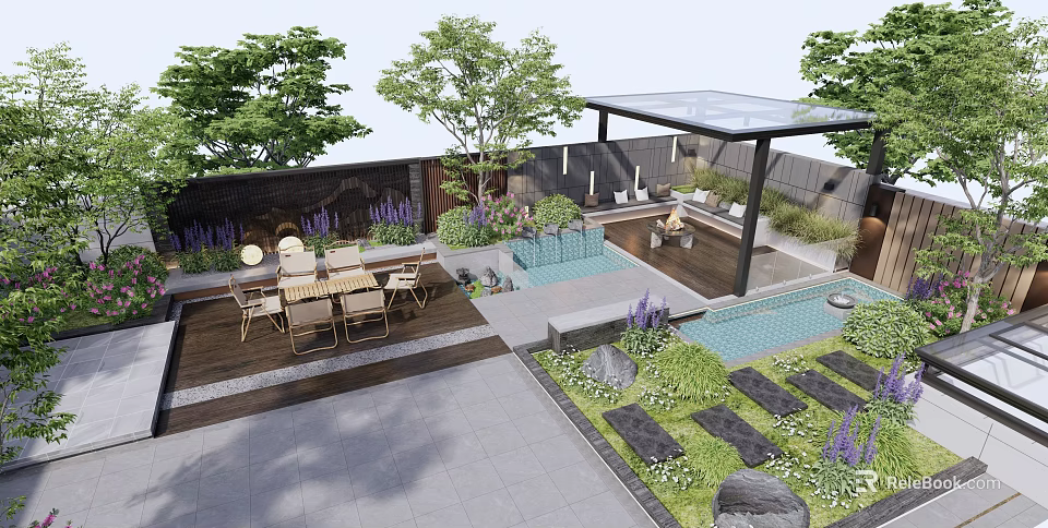 Courtyard Garden Featuring Outdoor Dining Tables Glass Roofed Pavilion Purple Flowers And Water Feature 3d model 